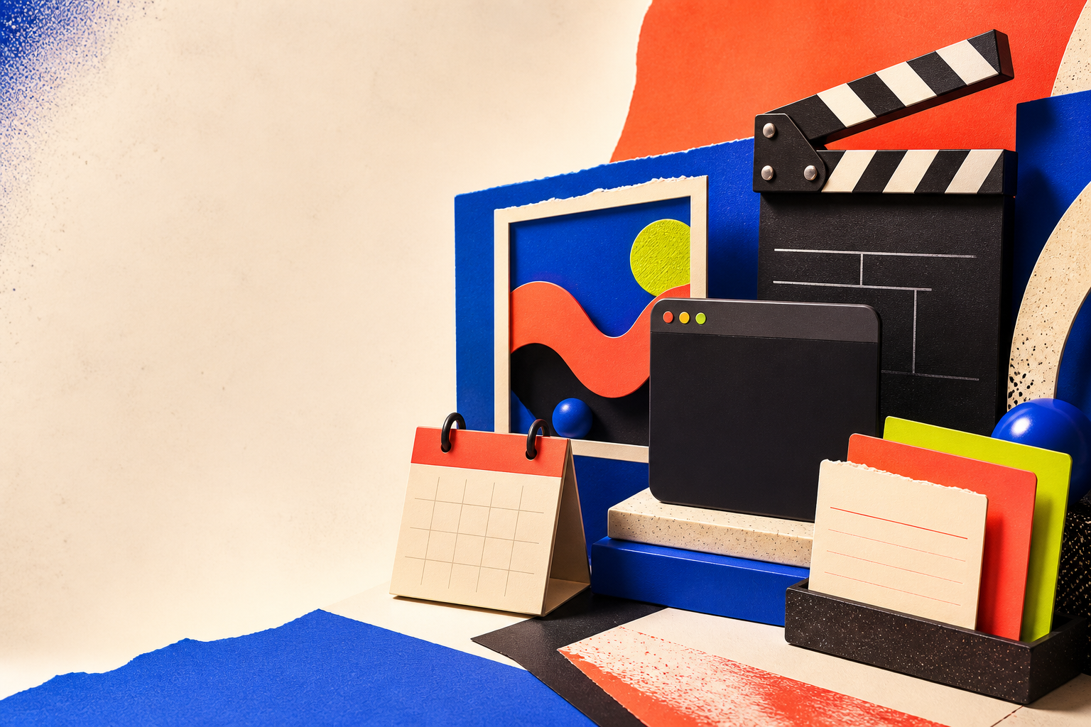 A colorful paper-collage workstation with a clapperboard, motion frame, calendar, and notes.